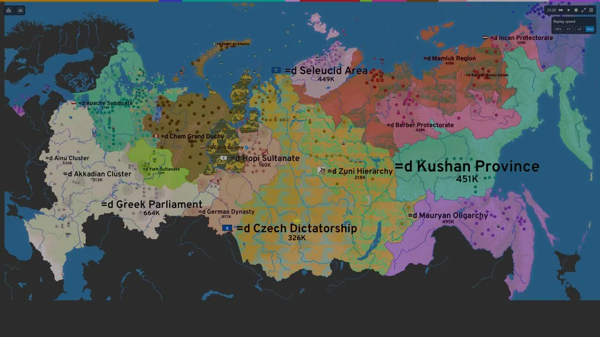 Late-game OpenFront world map showing player territories, infrastructure, and contested borders